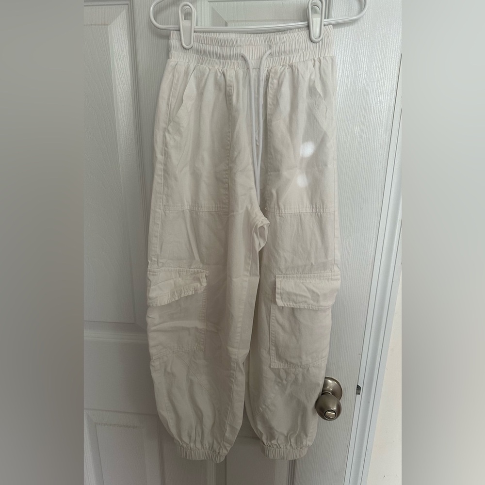 Girls Cargo Pants Baggy Joggers Elastic Waist Drawstring Pockets White Size 10